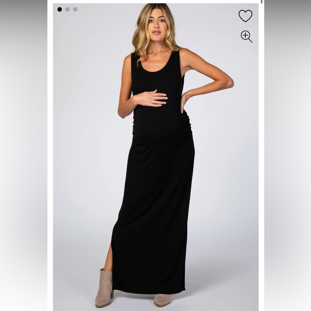 Black sleeveless maternity dress with ruched sides.